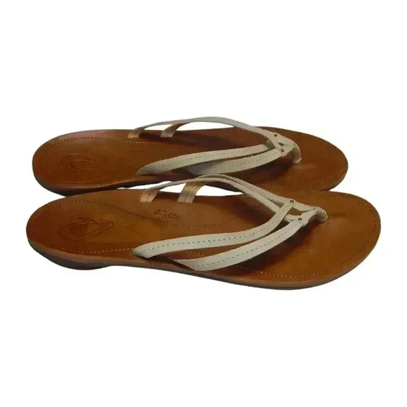 Olukai U'i Flip Flop Women's Ivory Leather Beach Thong Sandals Size EU 40 US 10 - Picture 1 of 10